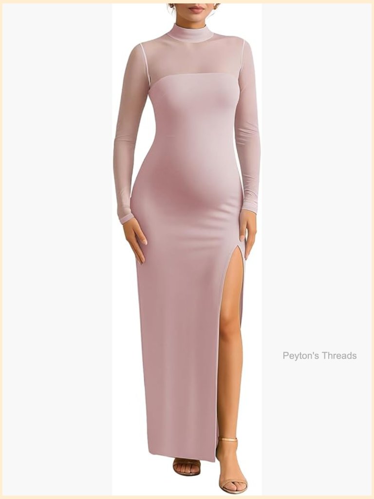 Maternity Long Sleeve Maxi Dress With Mesh Split Mock Neck